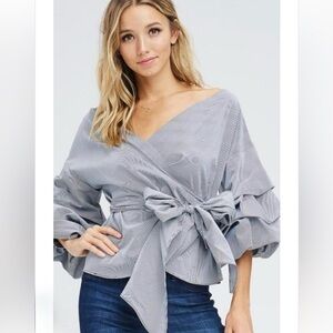 Striped Wrap Blouse with Bell Sleeves - Light Gray